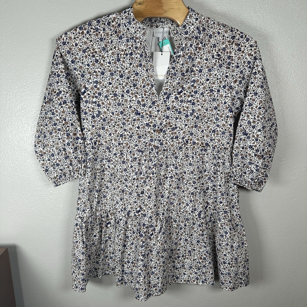NEW Sugarlips Blue Brown Floral A-Line Dress Size Large 3/4 Sleeve V-Neck Cotton